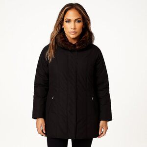 Jones New York Women's Black Quilted Lined Winter Coat wBrown Faux Fur Collar 1X